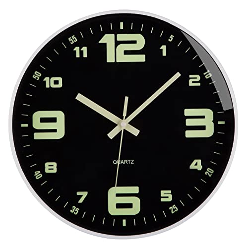 Wall Clock Glow in The Dark Battery Operated Silent 12 in | Analog Small Digital Night Light Up Neon Clocks for Living Room Bedroom Kitchen Bathroom Home Decor - color: White