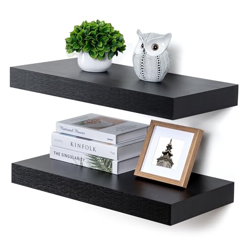 Deep Floating Shelves, 24'' x 12'' Black Shelves for Wall Set of 2 | Invisible Brackets, Engineered Wood, Mounting Hardware Included, 40LBS, Bathroom, Laundry Room, Kitchen, Living Room - color: Black, size: 24W x 11.6D x 2H, 2 Pack