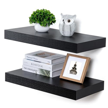 Deep Floating Shelves, 24'' x 12'' Black Shelves for Wall Set of 2 | Invisible Brackets, Engineered Wood, Mounting Hardware Included, 40LBS, Bathroom, Laundry Room, Kitchen, Living Room - color: Black, size: 24W x 11.6D x 2H, 2 Pack