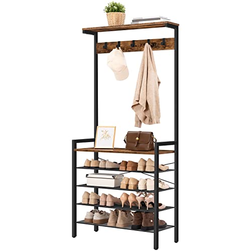 HOOBRO Hall Tree with Bench, Coat Rack with Shoe Storage, Shoe and Coat Rack, 5-Tier Entryway Shoe Storage, 5 Hooks, for 12-16 Pairs, Industrial, Hallway, Foyer, Mudroom, Rustic Brown BF74MT01