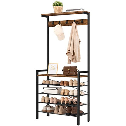 HOOBRO Hall Tree with Bench, Coat Rack with Shoe Storage, Shoe and Coat Rack, 5-Tier Entryway Shoe Storage, 5 Hooks, for 12-16 Pairs, Industrial, Hallway, Foyer, Mudroom, Rustic Brown BF74MT01
