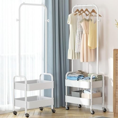 Freestanding Rack For Hanging Clothes With Shoe Storage - 26.37”W x 11.81”L x 62.59”H Heavy Duty Metal Clothes Rack On Wheels, Closet Organizer Shelves For Garment Hanging Hat, Coats (White) - color: White