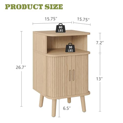 Alohappy Nightstand Set of 2, Mid Century Modern End Table with Storage, Fluted Bedside Table, Wooden Curved Profile Night Stands with Sliding Tambour Door for Bedroom, Living Room, Light Oak - color: Light Oak