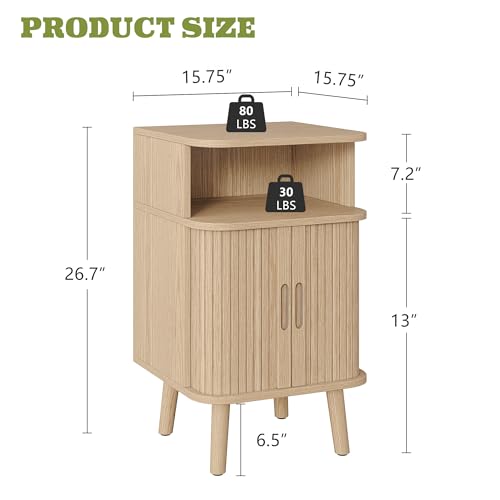 Alohappy Nightstand Set of 2, Mid Century Modern End Table with Storage, Fluted Bedside Table, Wooden Curved Profile Night Stands with Sliding Tambour Door for Bedroom, Living Room, Light Oak - color: Light Oak