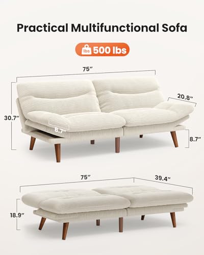 Amada 75 inch 3-in-1 Convertible Futon Sofa Bed, Beige | Adjustable backrest and armrests, strong wood legs and frame, loveseat for compact apartments, studios and offices - color: Beige, size: 75 Inch