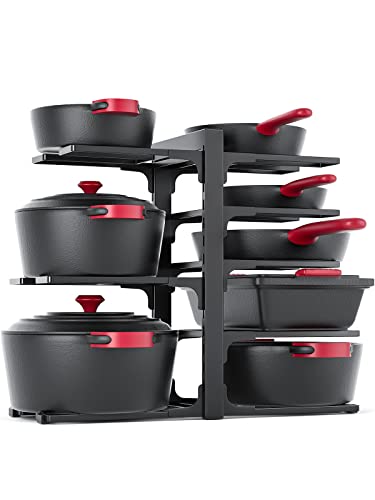 MUDEELA 8-Tier Heavy Duty Pots and Pans Organizer under Cabinet, Black | Adjustable 15.83" H pot rack, pan organizer Holds big stockpots, Cast Iron Skillet and cookware for use inside cabinets - color: Black, size: 15.83"H
