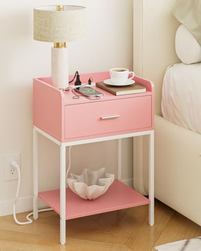 Masupu Nightstand with Charging Station,3-Tier Modern Bedside Night Stand with Storage Drawer and Shelf,Small End Side Table for Bedroom,Living Room,Pink and White - color: Outlet-pink