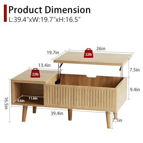 Coffee Table with Lifting Top,Wooden Fluted Coffee Table with Hidden Storage Space,2 Open Storage Compartments,Solid Wood Legs,Suitable for Living Room,Apartment,Office. (C-Lift Coffee Table-Oak) - color: C-lift Coffee Table-oak