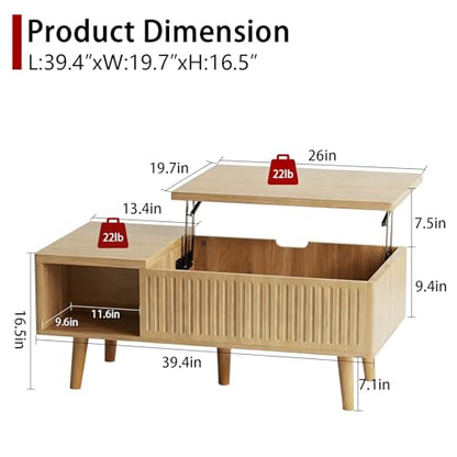Coffee Table with Lifting Top,Wooden Fluted Coffee Table with Hidden Storage Space,2 Open Storage Compartments,Solid Wood Legs,Suitable for Living Room,Apartment,Office. (C-Lift Coffee Table-Oak) - color: C-lift Coffee Table-oak