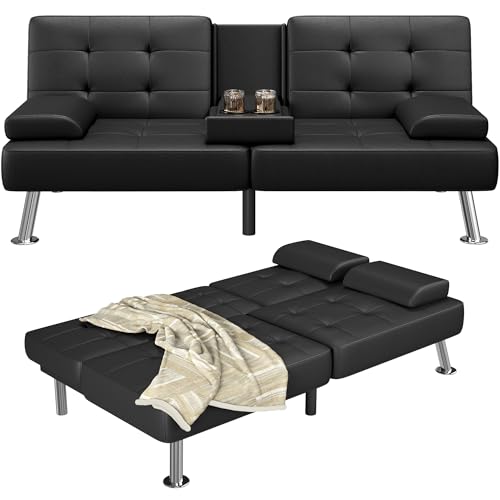 Furmax Leather Futon Sofa Bed, Adjustable Futon Couch for Living Room | Sleeper Sofa Bed with 2 Cup Holders, Reclining Futon Loveseat for Apartment, Business Office & Small Spaces | Black - color: Black
