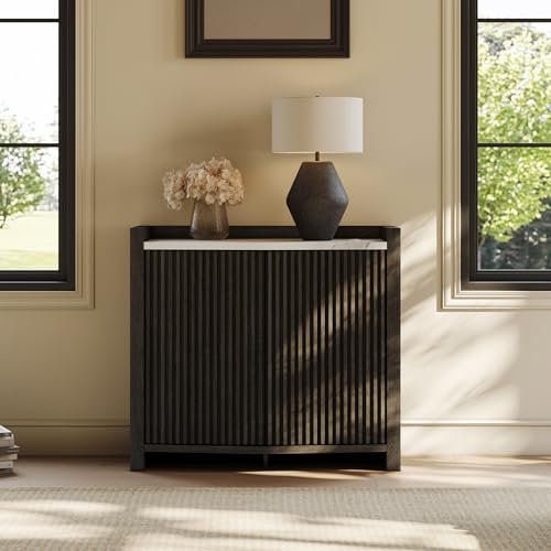 BELLEZE Modular Sideboard Buffet Cabinet with Storage, 35 Inch Modern Credenza with Doors and Adjustable Shelves, Fluted Black Console Table with Faux Marble Panel for Kitchen, Entryway, Dining Room - color: 35 Inch Ebony, size: 1