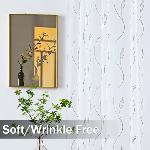 Silver Foil Print Sheer Curtains 63 inches Long, 2 Panels Ginkgo Bronzing Treatment Sheer Curtain, Rod Pocket Window Treatment Panels for Bedroom Living Room - color: Wicker/Silver/White, size: 42"W x 63"L (Pack of 2)