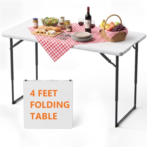 4 Foot Folding Table, Portable Fold-in-Half Utility Table [Adjustable Height with Carrying Handle][4FT Heavy Duty] for Party, Wedding, Picnic, Camping, Indoor & Outdoor, White - color: White, size: 4ft