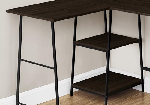 Computer Desk L-Shaped Corner Desk 48" 3-Tier Writing Desk with Storage Shelves, Espresso Laminate Top, Black Metal Sawhorse Legs, Space-Saving Home Office Laptop Workstation