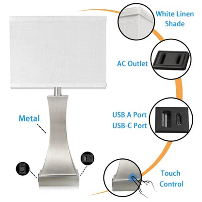 OYedis Table Lamp for Bedroom 3-Way Dimmable Touch Control Chrome Bedside Lamp with USB A+C Port & AC Outlet 21.6" Tall Nightstand Lamp for Living Room Office and Hotel Bulb Included (Nickel) - color: Nickel