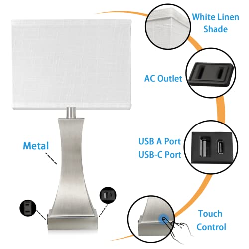OYedis Table Lamp for Bedroom 3-Way Dimmable Touch Control Chrome Bedside Lamp with USB A+C Port & AC Outlet 21.6" Tall Nightstand Lamp for Living Room Office and Hotel Bulb Included (Nickel) - color: Nickel