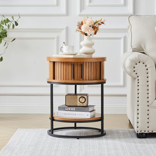 Turtle&Myrtle Small Round Side Table with Storage, 2-Tier Wooden End Table with Sliding Door and Shelf, Mid-Century Circle Nightstand for Living Room, Bedroom, Walnut, 2PC - style: Mid-Century Modern-2PC