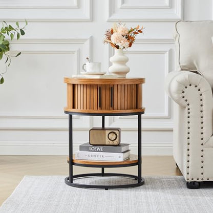 Turtle&Myrtle Small Round Side Table with Storage, 2-Tier Wooden End Table with Sliding Door and Shelf, Mid-Century Circle Nightstand for Living Room, Bedroom, Walnut, 2PC - style: Mid-Century Modern-2PC