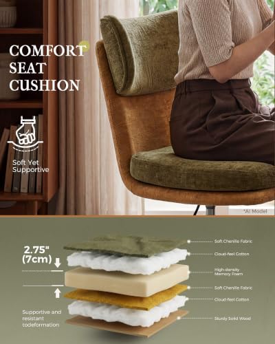 COMHOMA Home Office Desk Chairs with Ergonomic Curved Backrest, Mid Century Modern Vanity Chair with Wheel for Bedroom, Chenille Upholstered, Green - color: Green, Chenille