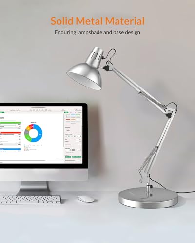 LEPOWER Metal Adjustable Desk Lamp with Clamp, Swing Arm for Home Office | Gooseneck, Architect Style, Eye-Caring Table Lamp, On/Off Switch, E26 Base, Reading for Dorm, Bedroom, Study, Back to School - color: Silver