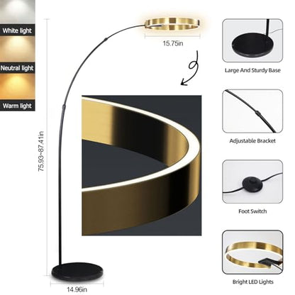 Modern Iron Arc Floor Lamp with LED Ring Shade - Nordic Dimmable Standing Lamp - Height Adjustable Vertical Lamp with Marble Base