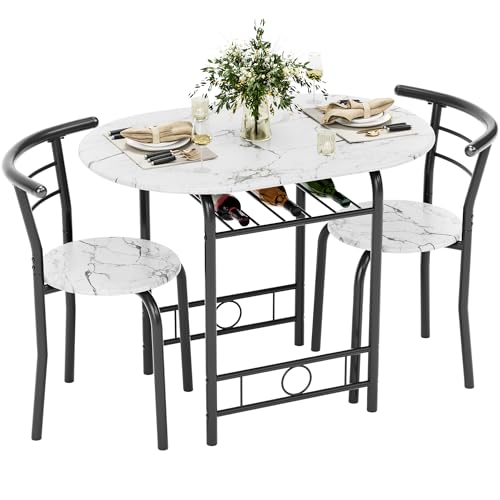 Flamaker Dining Table for 2, 3 Piece Round Table & Chair Set, Small Kitchen Table for Breakfast Nook, Wood Grain Tabletop & Built-in Storage Rack, Space Saving for Kitchen, Dining Room (White & Black) - color: White & Black