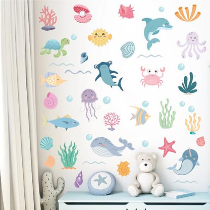 AOWDIAO 58 Pcs Ocean Animals Wall Decals - Peel and Stick Under the Sea Kids’ Room & Nursery Decor - style: Ocean Animals