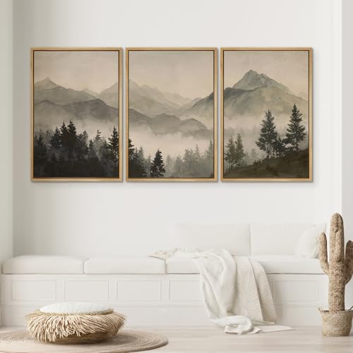 SIGNWIN Framed Canvas Print Wall Art Set Misty Mountain Forest Landscape Neutral Nature Mountain Illustrations Modern Scenic Colorful Ultra for Living Room, Bedroom, Office - 16"x24"x3 Natural - color: A26-2603-yuk17, size: 16"x24"x3 Panels Natural