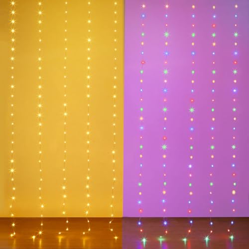 Curtain Lights 10ft x 10ft, 300 LED Warm White & Multi Twinkle Fairy String Lights Curtain Waterproof w/Remote & Timer, USB Powered for Indoor Outdoor Wall Bedroom Backdrop Christmas Decor - size: Dual Color - 10ft x 10ft