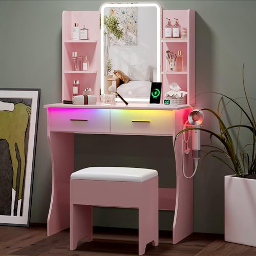 Small Vanity Desk with Mirror and Lights, Makeup Vanity with LED Lights, Pink Vanity Mirror with Lighted Desk and Chair, 3 Lighting Adjustable Compact Dressing Table with Mirror for Women, Girls - color: Pink, size: 29.88x15.09x51.30 in
