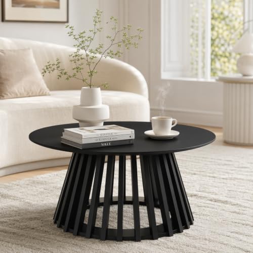 HNY Black Round Coffee Table, Wood 31.5" Center Table for Living Room | Modern Mid Century Circle Coffee Table with Fluted Base for Outdoor Patio, Home Small Space, Bedroom, Apartment, Studio - color: Black