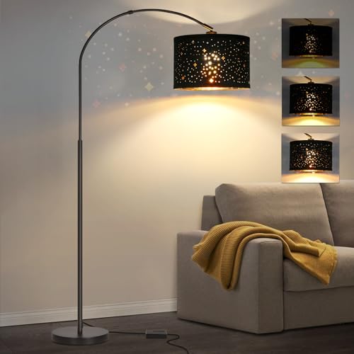Dimmable Floor Lamp, Arc Floor Lamp with Adjustable Star Shade, Black | Arched Tall Modern Standing Lamp, Mid Century Reading Light Pole Lamp for Living Room, Bedrooms, Office, 9W LED Bulb Included - color: Black Base with Stars Shade