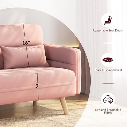 Yaheetech 46" Small Sofa Compact Modern Couch with Wood Legs, Pink | Loveseat Small Sofa in Fabric 2 Seater Couch Features Wood Legs, Lumbar Pillows, Easy Assembly for Living Room, Bedroom, Dorm - color: Pink