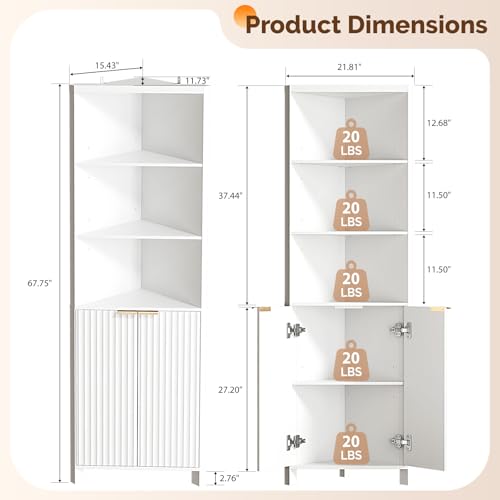 VINGLI Tall Corner Cabinet with Fluted Doors, 68" White Corner Storage Cabinet with Adjustable Shelves, Freestanding Wood Corner Bookshelf for Bathroom, Living Room & Kitchen, Space-Saving - color: Crisp White, size: 68"H Corner Cabinet