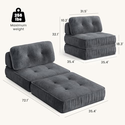 3-in-1 Boneless Folding Sofa Bed, Convertible Lazy Floor Couch with Headrest & Lumbar Pillow, Corduroy Fold Out Chair Bed with Memory Foam, No Assembly for Small Space, Living Room, Grey - color: Grey