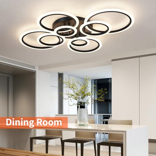 Shine LUEST Modern Ceiling Light, 41.3'' Dimmable LED Black Flush Mount Ceiling Lights with Remote Acrylic Round Ceiling Lamp Fixture for Low Ceiling Bedroom Living Room Dining Room, 108W - color: Black, 8 Rings