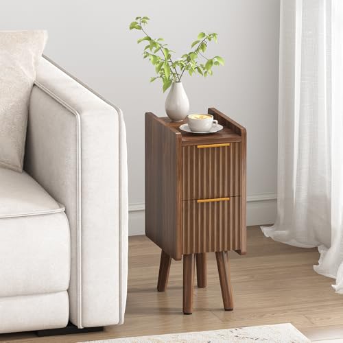 ELYKEN 7.9" Fluted Narrow Nightstand, 20.6" H Skinny Side Table, Walnut | Compact Design for Small Spaces, 2 Drawers, Wood Grain Finish, Perfect as Bedside Table, End Table or Sofa Side Table - color: Walnut-1 Pcs