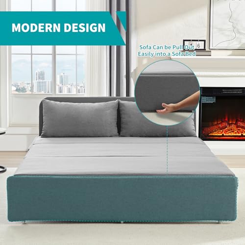 BALUS 64" W Queen Size Pull Out Sleeper Sofa Bed Pull Out Couch -Light Grey | 2 in 1 Convertible Bed, Linen Loveseat Sofa, with Pillow and Tri-fold Mattress,Loft Sofa for Small Space - color: Light Grey, size: Queen