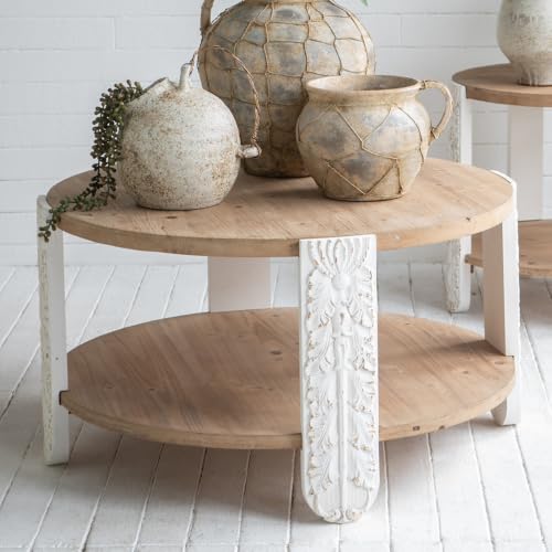 31.5" Round Coffee Table with Carved Leg, 2 Tier Storage Shelf | Farmhouse Solid Wood Center Table for Living Room, Circle Tea Table with Open Storage, Easy Assembly, Natural Brown Finish - color: A-31.5" Brown+white