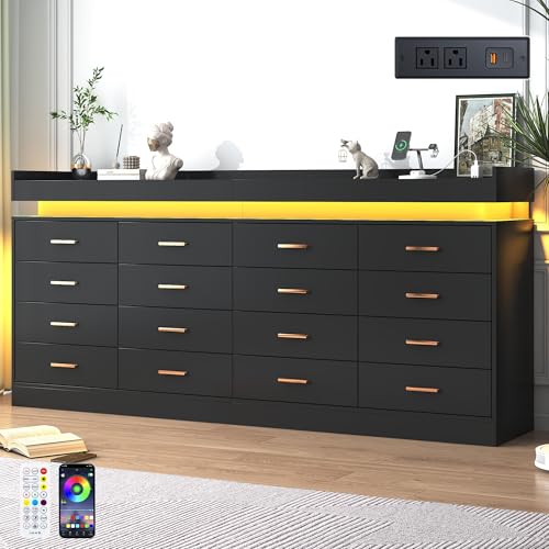 jiteentarou 16 Drawer Dresser with Charging Station and LED Lights, Modern Chest of Drawers with Power Outlet, Organizer Cabinet for Bedroom, Living Room, Entryway, Black - color: Black, size: 15.7"D x 78.7"W x 36.4"H (16 Drawers)