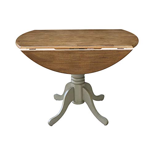 IC International Concepts, 42" Round Dual Drop Leaf Pedestal Dining Table, Solid Real Wood, Sturdy Parawood, Distressed Hickory/Stone - color: Distressed Hickory/Stone