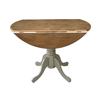 IC International Concepts, 42" Round Dual Drop Leaf Pedestal Dining Table, Solid Real Wood, Sturdy Parawood, Distressed Hickory/Stone - color: Distressed Hickory/Stone