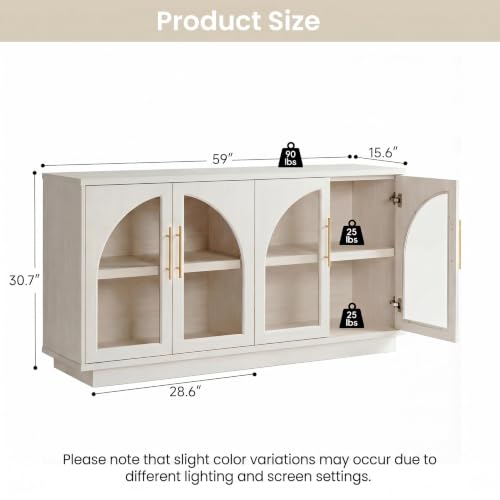 Fatmok 59" Arched Glass Sideboard Buffet Display Cabinet,White Oak | Adjustable Shelves,for Curio,Collectible,Mid-Century Modern,Soft Close Hinges,FSC Wood,Dining/Living Room - color: B-white Wood Grain