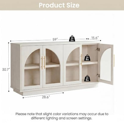 Fatmok 59" Arched Glass Sideboard Buffet Display Cabinet,White Oak | Adjustable Shelves,for Curio,Collectible,Mid-Century Modern,Soft Close Hinges,FSC Wood,Dining/Living Room - color: B-white Wood Grain