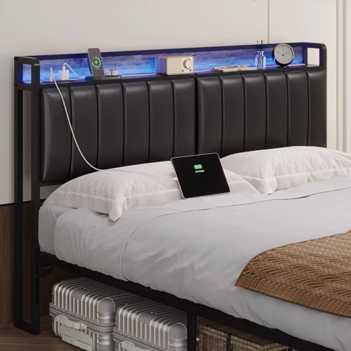 Queen Size Upholstered Headboard with LED Lights & Charging Station, PU Upholstery, Queen Headboard Only, Height Adjustable, Attach Frame, Sturdy and Stable, Easy Assembly - color: Black, size: Queen