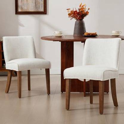 Upholstered Parsons Chair Set of 2, Linen Fabric Solid White Dining Chairs with Walnut Wood Leg Cushioned Back Modern Rustic Side Chairs for Living Room/Kitchen/Dining/Restaurant - color: Linen- White, size: 2 Chairs