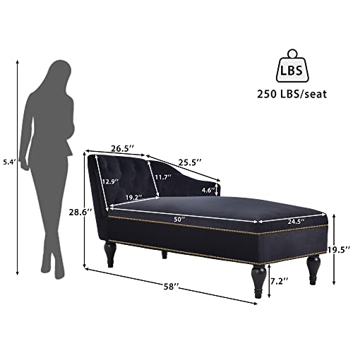 JIVOIT Velvet Upholstered Sofa Chaise Loungers, 58" Chaise Lounge with Nailhead Trim and Solid Wood Legs, Button Tufted Right Arm Facing Lounge Chair for Living Room, Sleeper Lounge Sofa - color: Black-polyester