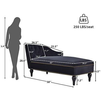 JIVOIT Velvet Upholstered Sofa Chaise Loungers, 58" Chaise Lounge with Nailhead Trim and Solid Wood Legs, Button Tufted Right Arm Facing Lounge Chair for Living Room, Sleeper Lounge Sofa - color: Black-polyester