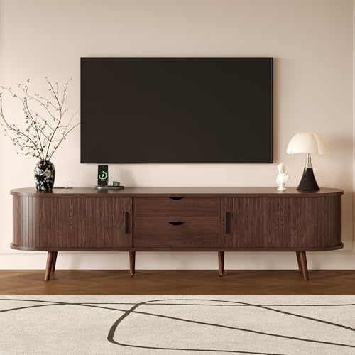 70 Inch Mid Century Modern TV Stand for 80 Inch TV, Wood TV Console with Power Outlet and Tambour Doors, Media Center with Storage Drawers for Living Room or Bedroom, Dark Brown Entertainment Center - color: Dark Brown-j