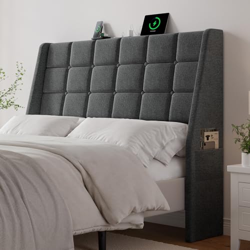 Ergonomic Upholstered Headboard Full Size w/Charging Station, Linen Wingback Headboards w/Storage Pocket, Full Headboard Only, Bed Frame Adapters, Sturdy Stable Solid Wood Bed Head Board, Dark Grey - color: Dark Grey, size: Full